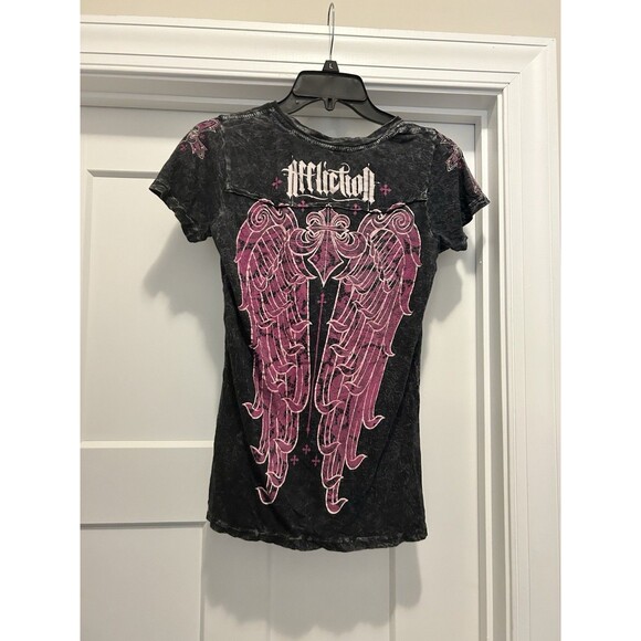 Y2K Affliction 90s Grunge Era Buckle Baby Doll Tee Shirt Size Small Angel Wings - Picture 6 of 8